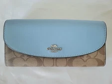 COACH Large Envelope Wallet In Signature Canvas Smooth Leather Khaki  Brown Blue