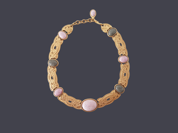 Vintage Monet Necklace Celtic Style, Gold Tone with Pink & Gray-Green Cabochons