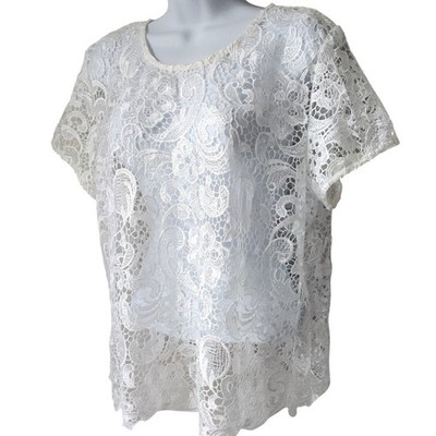 Bisou Bisou Romantic Sheer Lace Blouse Boho White Top Sz XL Cottagecore Festival