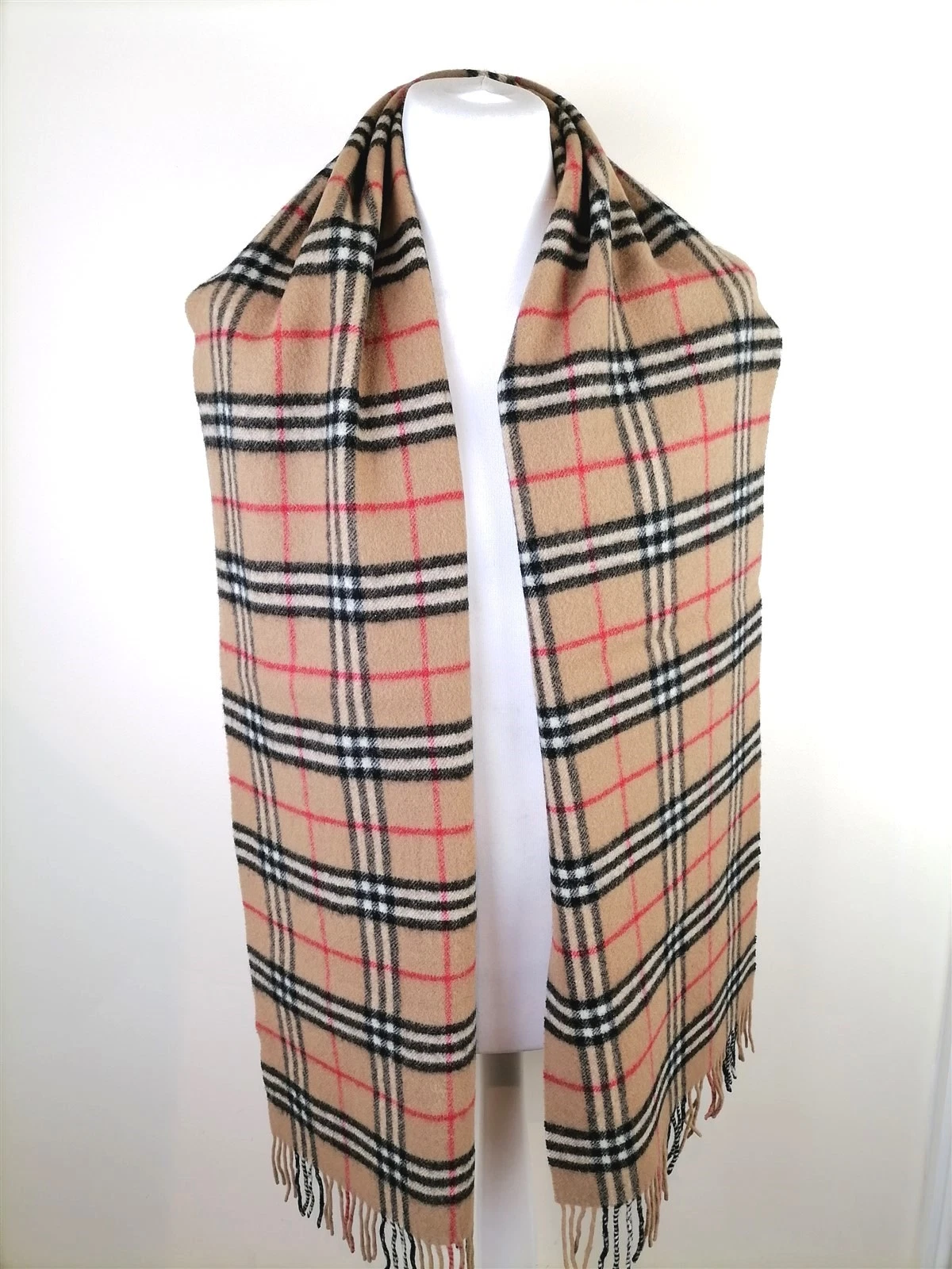 Burberry Scarf Signature Tan Red White Black One Size *Long/Large Scarf* 3-466