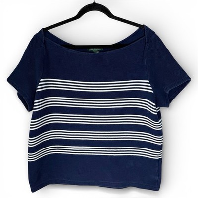 Ralph Lauren Nautical Boatneck Top Women s 2X Blue Striped Ribbed Shirt Short