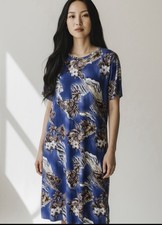 Vintage 90s Hawaiian Dress Hilo Hattie Muumuu Large Blue Rayon Made in Hawaii