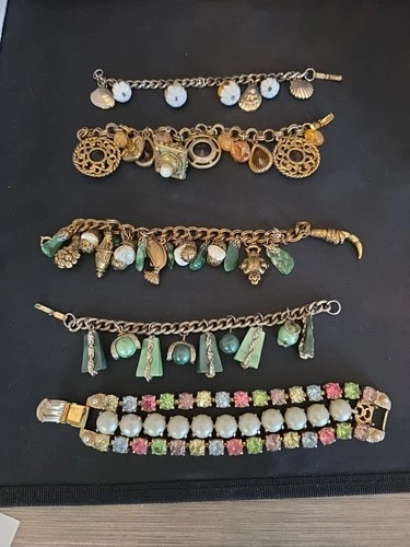 5 VINTAGE CHARM RHINESTONE BRACELETS COSTUME JEWELRY LOT