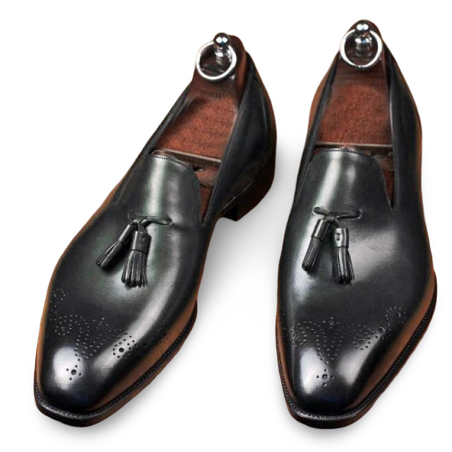 Handmade Black Slip On Tasselled Real Leather Dress Office Loafers Shoes For Men