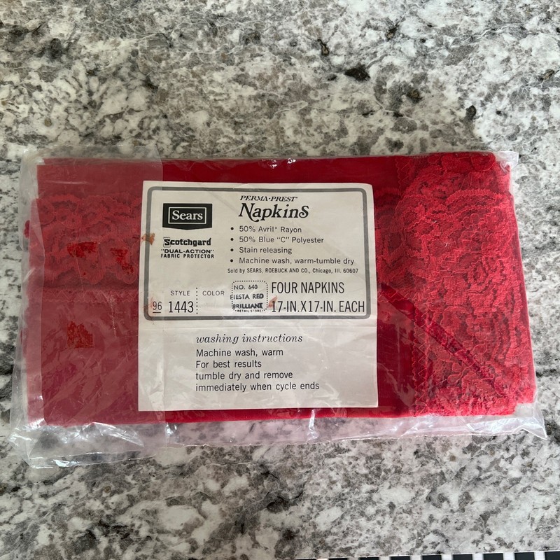 Vintage Sears Perma-Prest Napkins Fiesta Red Lace Trim Set of 4 New Old Stock
