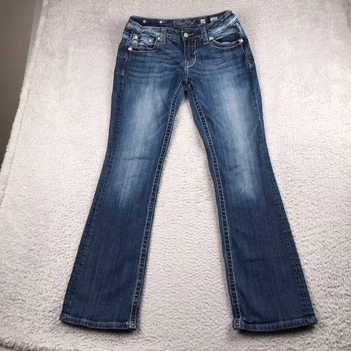 Miss Me Relaxed Boot Jeans Womens 30 (32x32)Embellished Stone Wash Stretch *Flaw