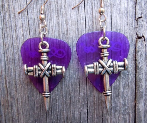 Bound Nails Cross Charm Guitar Pick Earrings with Surgical Steel Earwires - Picture 17 of 26