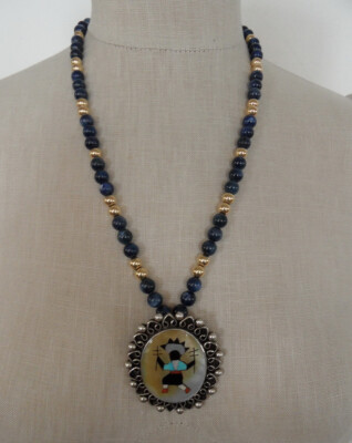 Vintage INDIANER ZUNI Kachina Sterlingsilber & 14K Gelbgold PERLENKETTE