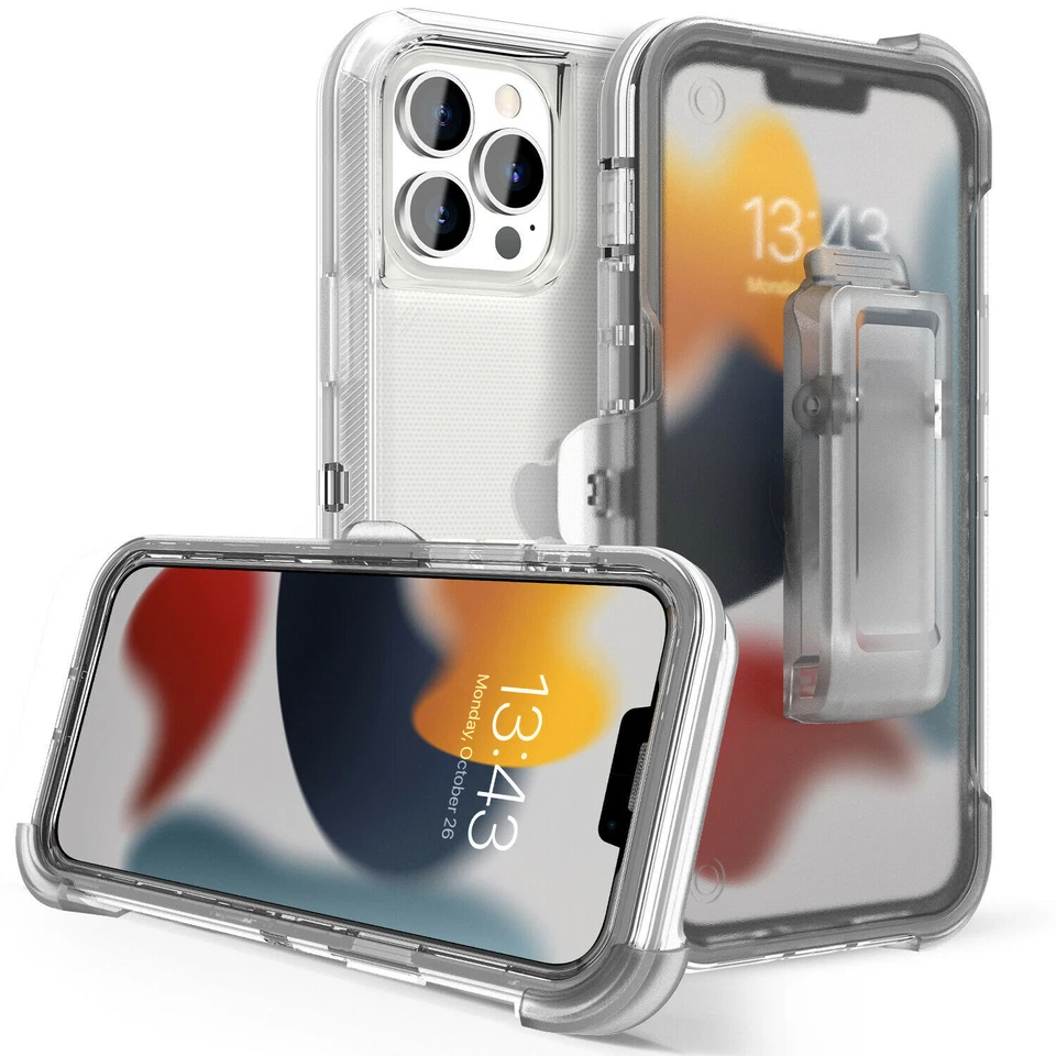 For iPhone 17 Air 16 16e 15 14 Plus 13 12 11 PRO MAX Shockproof Clear Case +Clip - Image 4 of 4