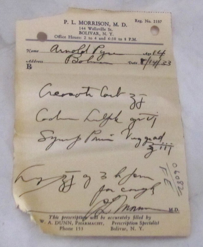 ANTIQUE 1933 HAND WRITTEN PRESCRIPTION SYRUP P. L. MORRISON M. D. BOLIVAR, NY