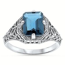 GENUINE LONDON BLUE TOPAZ 925 SOLID STERLING SILVER DECO ANTIQUE STYLE RING 045X