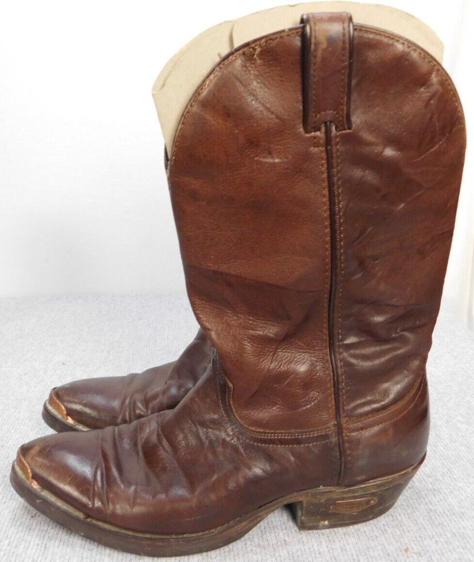 Vtg Code West Cowhide Cowboy Boots Leather Brown Mens 10.5 W/ Brass Tips Toe CODE WEST VTG Distressed Brown Cowhide Oiled Leather Western  main image 3