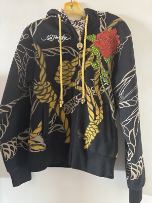 Ed Hardy by Christian Audiger Black Jacket Womens XL  Hoodie Coat Y2K Reversible