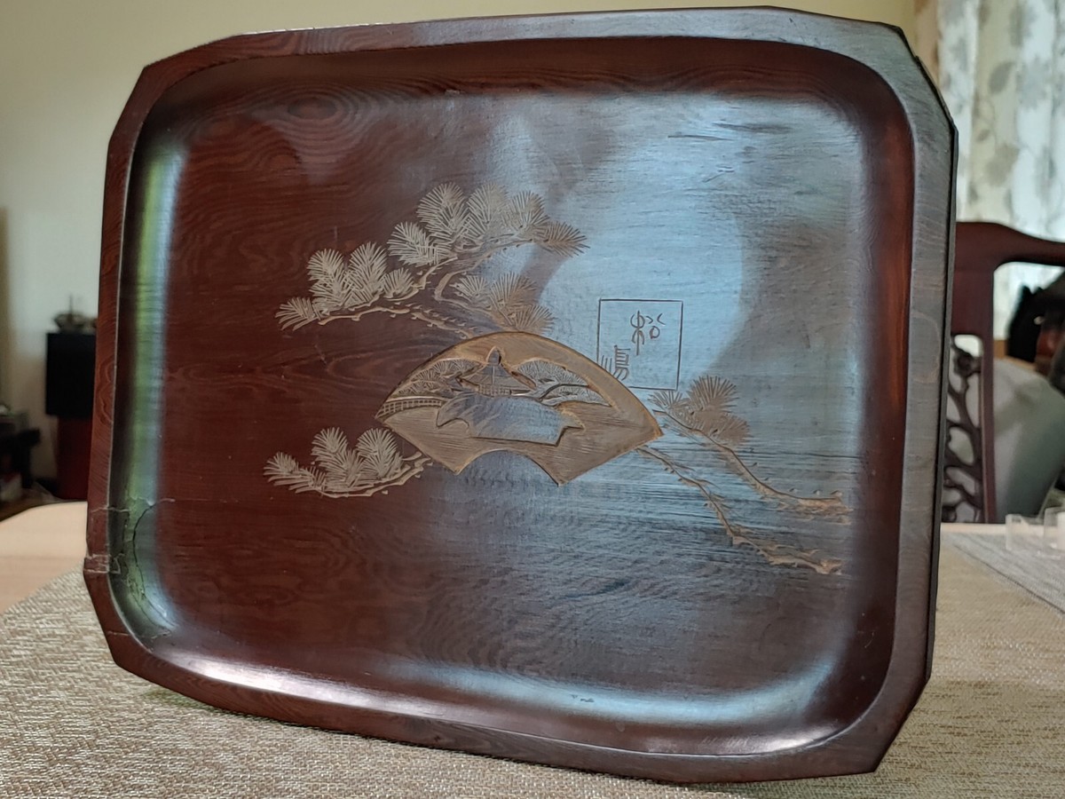 黑鸡翅木雕松屿图文盘Chinese Chicken Wing Wood Carved Pine Tree