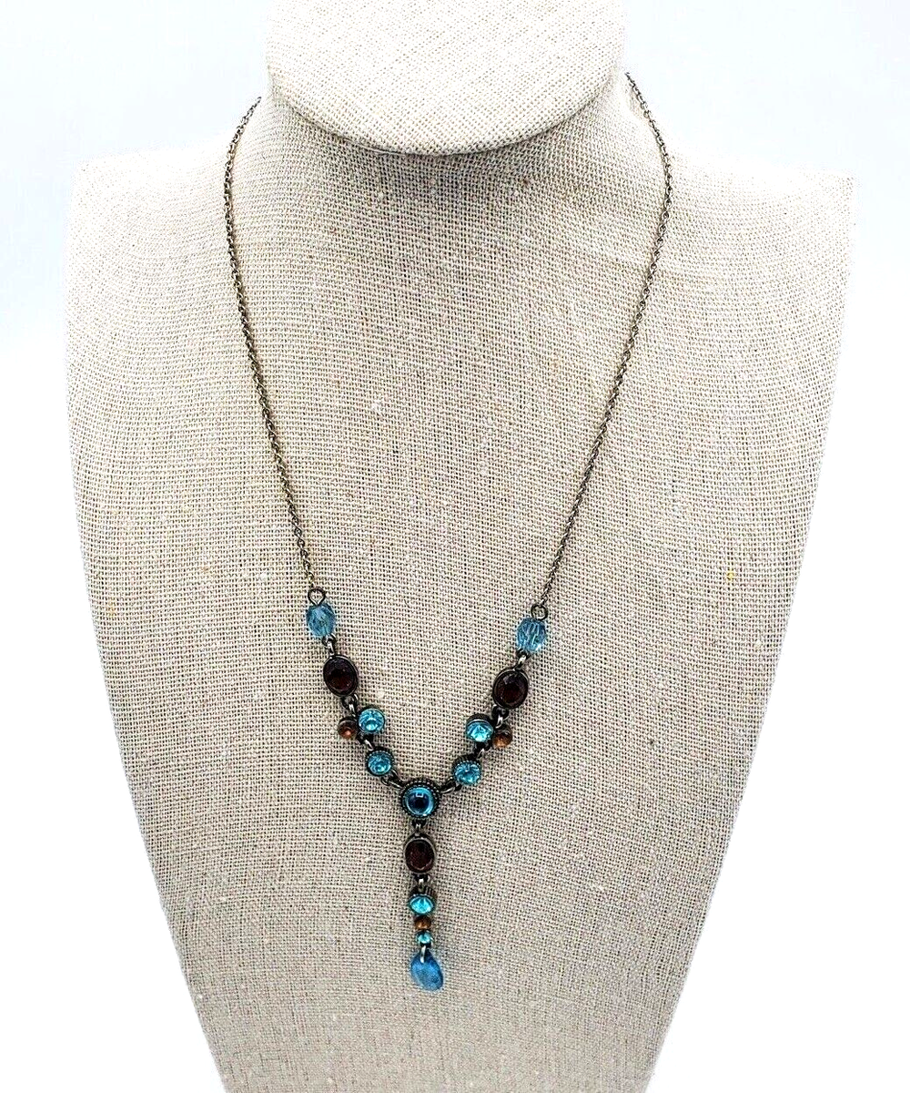 Vintage Nina Ricci Stamped Blue Amber Lariat Style Silver Tone 