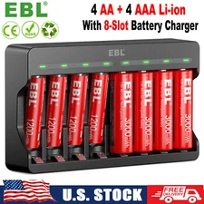 4 AA 4 AAA Rechargeable Lithium Li-ion Batteries 1.5V + 8-Slot Battery Charger