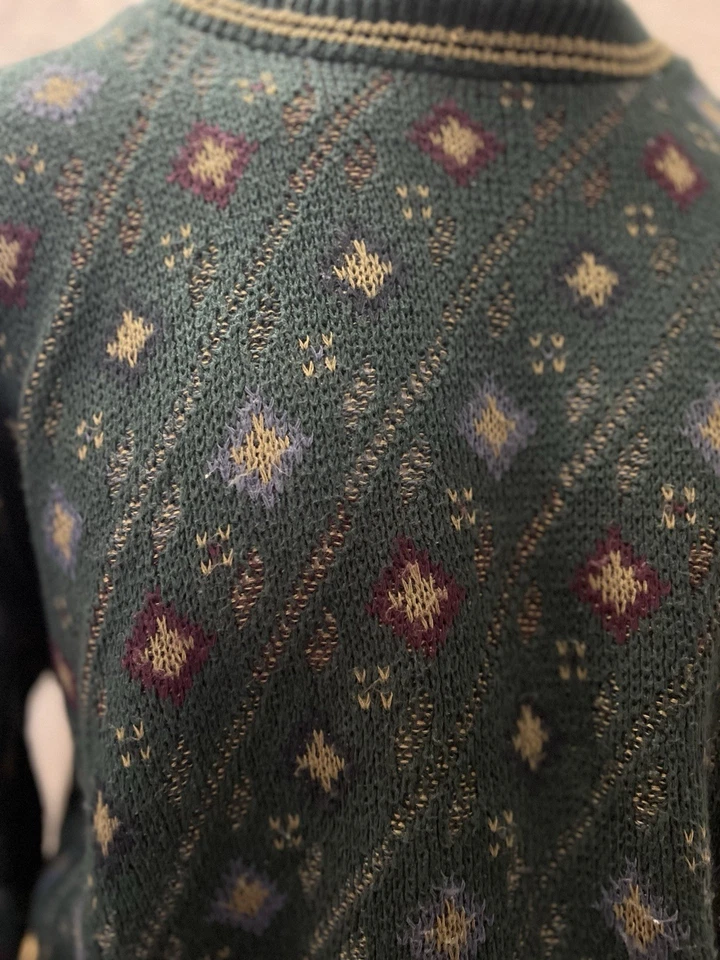 Vintage Trader Bay Grandpa Sweater L Green Geometric Knit 90s Retro Cozy - Image 2 of 4