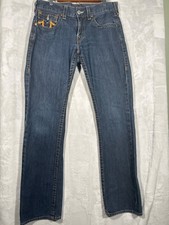 True Religion Mens Straight Leg Jeans 32 Blue Denim Orange Stitching USA Made