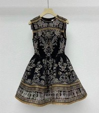 Zimmermann Summer Black Gold Vintage Print Crew Neck Belted Cami Puff Mini Dress