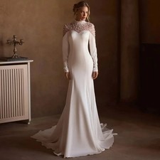 Luxury Pearls Mermaid Wedding Dress High Neck Long Sleeves Illusion Buttond