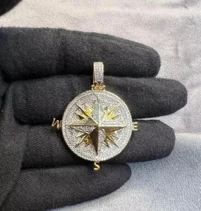 Authentic 2Ct Round D/VVS1 Moissanite Men's Compass Charm Pendant 14k Yellow Gold Plated