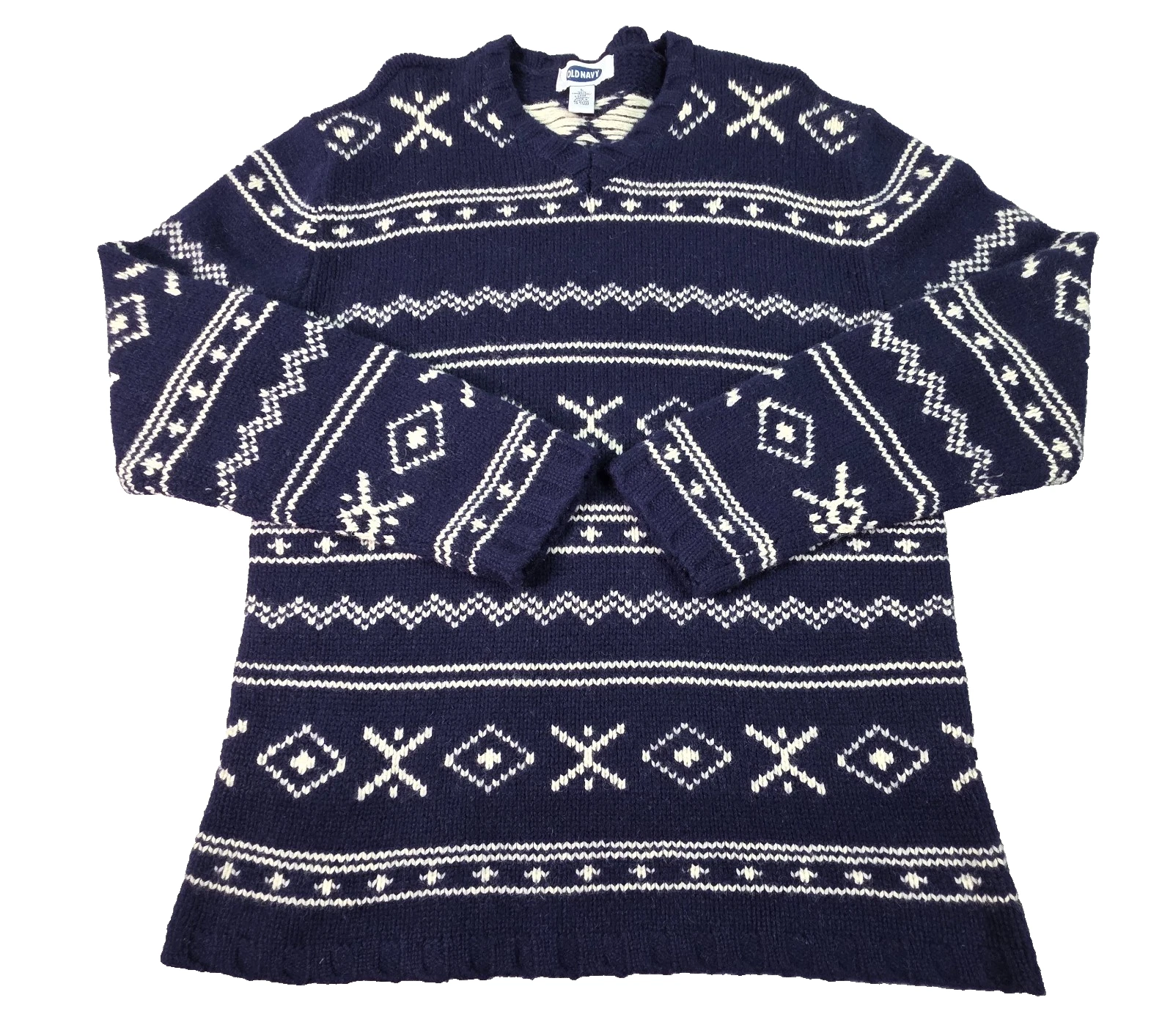 Old Navy Mens Sweater Large Dark Blue/White V-Neck Nordic Style 100% Lambswool