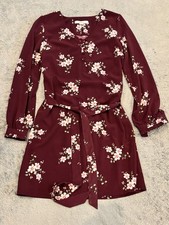 Ann Taylor Loft Dress Womens 2 Maroon Floral Print Long Sleeve Belted Boho