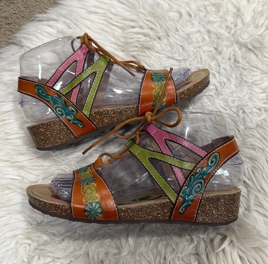 Spring Step L'Artiste 37 6.5 7 Loma Lace Up Cork Wedge Sandals - Image 2 of 4