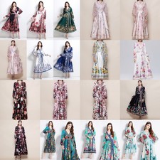 Vintage Floral Paisley Print V Neck Bow Long Sleeve Women Casual Wrap Robe Dress