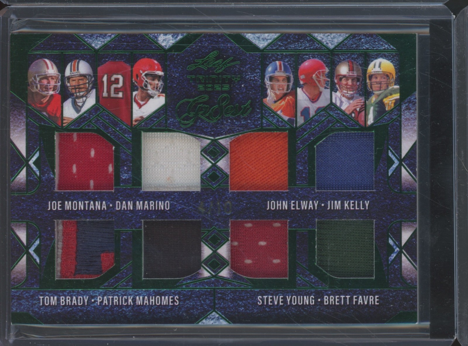 2025 Leaf Trinity Green Jim Kelly Tom Brady Patrick Mahomes 4/10 Patch Jersey
