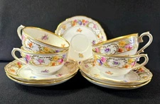 Schumann Bavaria Germany Empress Dresden Flowers Cup & Saucer Gold 4 Sets Excell