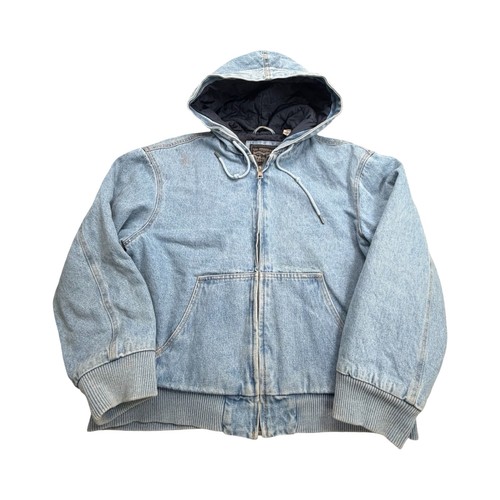 Levi Strauss Denim Jacket Mens Large Light Blue Hooded Bomber Quilted Lined Zip