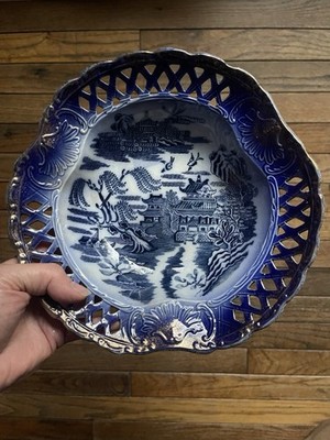 Antike Empire Works Flow Blue Willow Muster Porzellan Netzschale 19. Jh.
