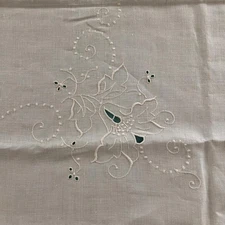 vintage linen tablecloth 44 x 44 off white cutout design embroidered floral