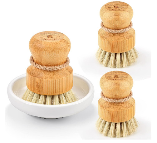 3 Pack Bamboo Dish Scrub Brushes Natural Sisal Kitchen Cleaning Brushes