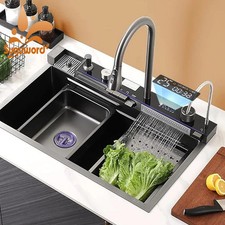 Kitchen Sink Faucet Large Integrate Digital Display Functional Buttons Waterfall