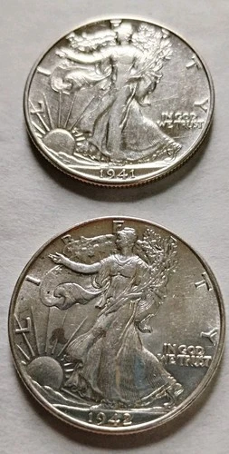 Lot of 2 1941 D 1942  Walking Liberty Half Dollars-90% Silver Ex Fine #L8
