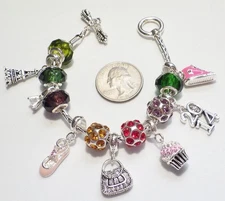 European-Style SP Bracelet, 14 Multi-Color Slide Beads & Charms Travel/Life 7.5"