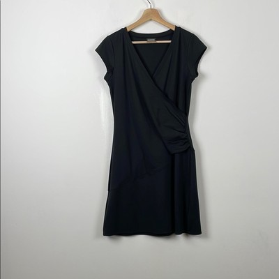 Athleta Nectar V Neck Cap Sleeve Stretch Active Black Faux Wrap Dress Women's MP