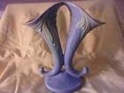 Antique Roseville Velmoss Blue Green Double Vase with Foil Sticker Art Deco