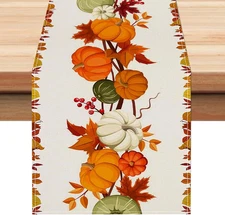 Pumpkin Maple Leaves Fall Table Runner 13X72 Inch Seasonal Autumn Harvest Thanks