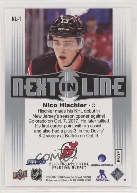 2017-18 Upper Deck Overtime Next in Line Nico Hischier #NL-1 Rookie RC - Image 2 of 2