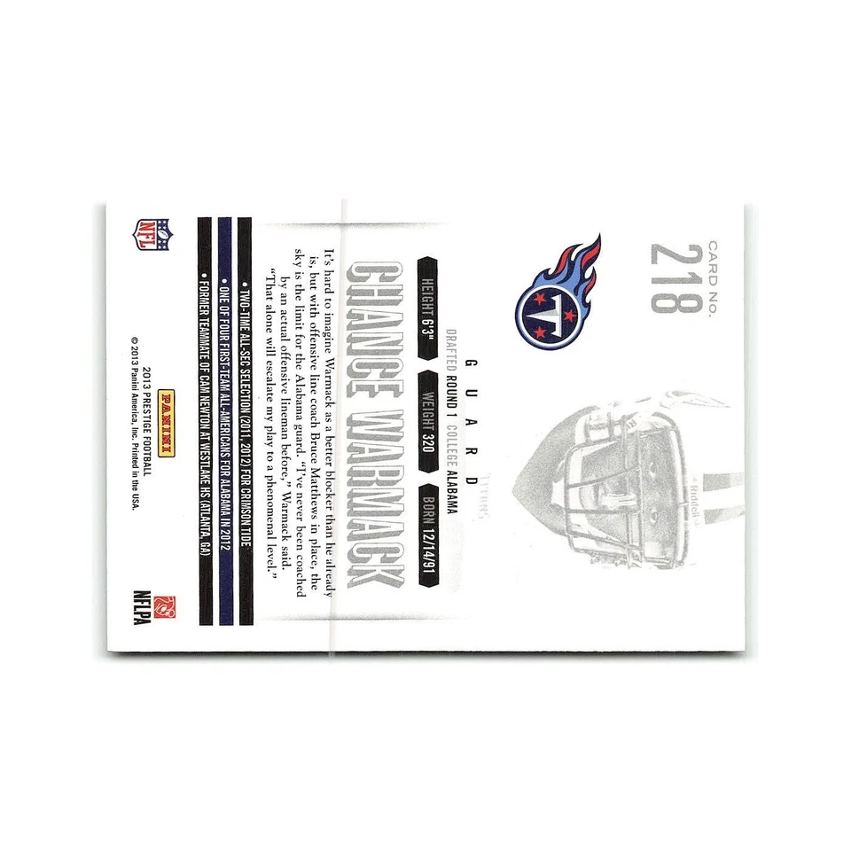 Chance Warmack Rookie 2013 Panini Prestige #218 Tennessee Titans NM - Image 2 of 3