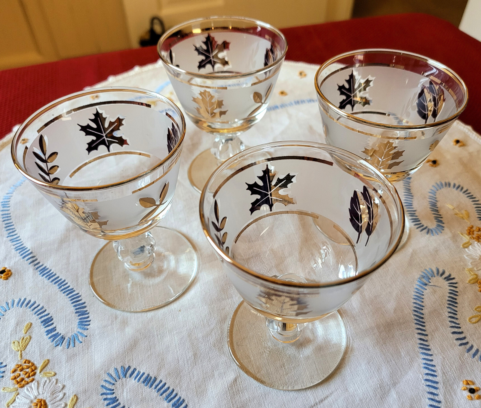 4 VTG Libbey *GOLDEN FOLIAGE* 3 7/8" Frosted LIQUOR / COCKTAIL Glasses 1953-1978