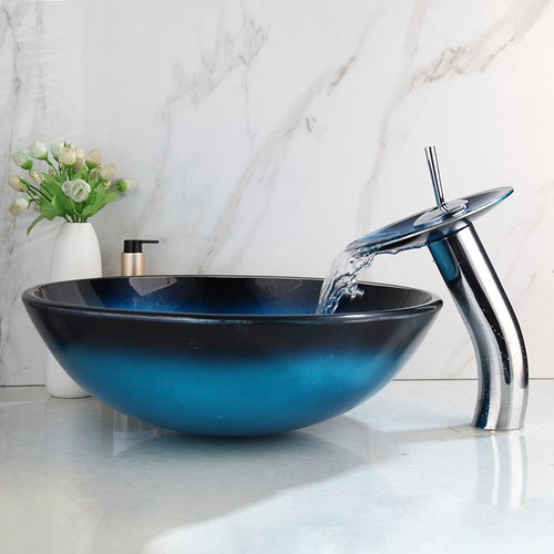 Blue&Black Bathroom Glass Round Sink Washing Bowl Waterfall Faucet Set Mixer Tap - Picture 6 of 12