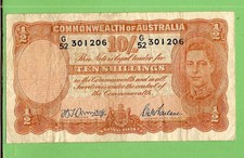 AUSTRALIAN 1942 TYPE  ARMITAGE / McFARLANE   TEN SHILLING BANKNOTE  #G52 301206