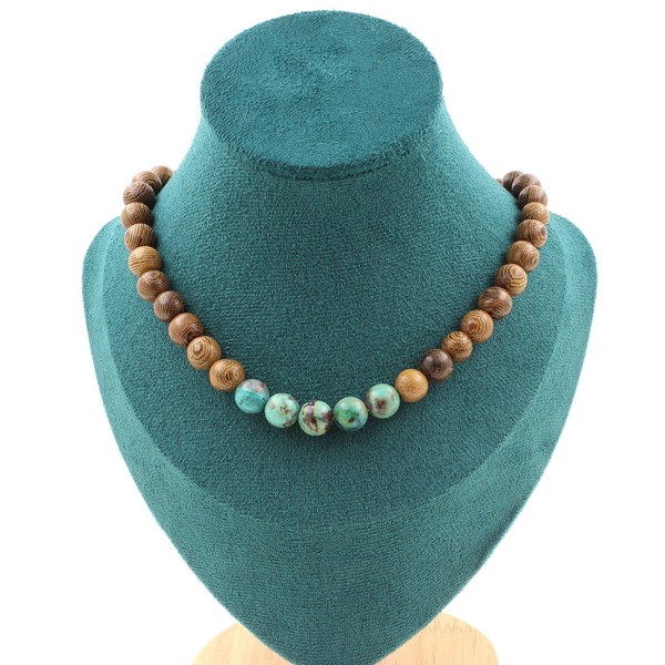 Steine Und MinéRaux. Halskette Perlen Chrysocolla Aus Namibia QualitäT 7A + Holz-image