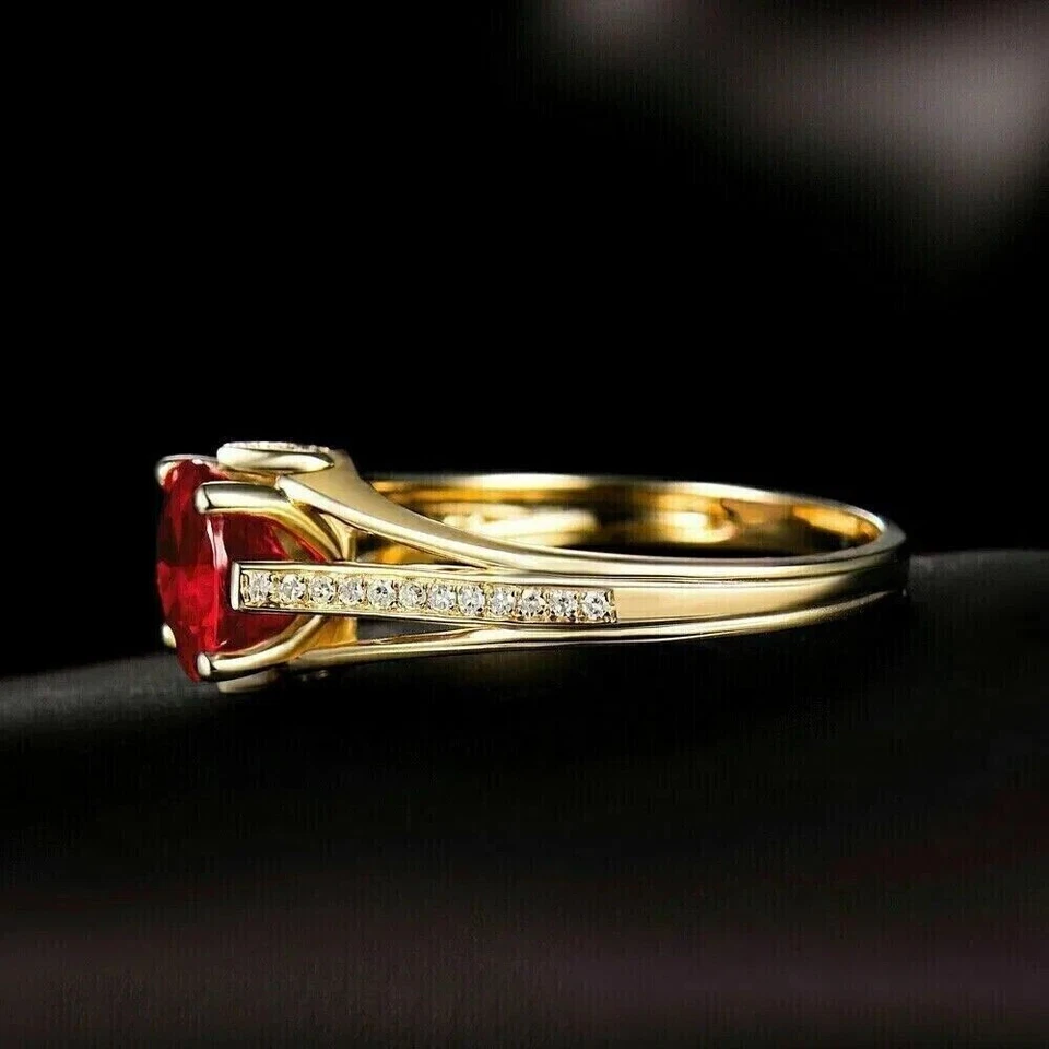2Ct Round Cut Lab Created Red Ruby Women's Wedding Rings 14K Yellow Gold Plated - Image 3 of 4