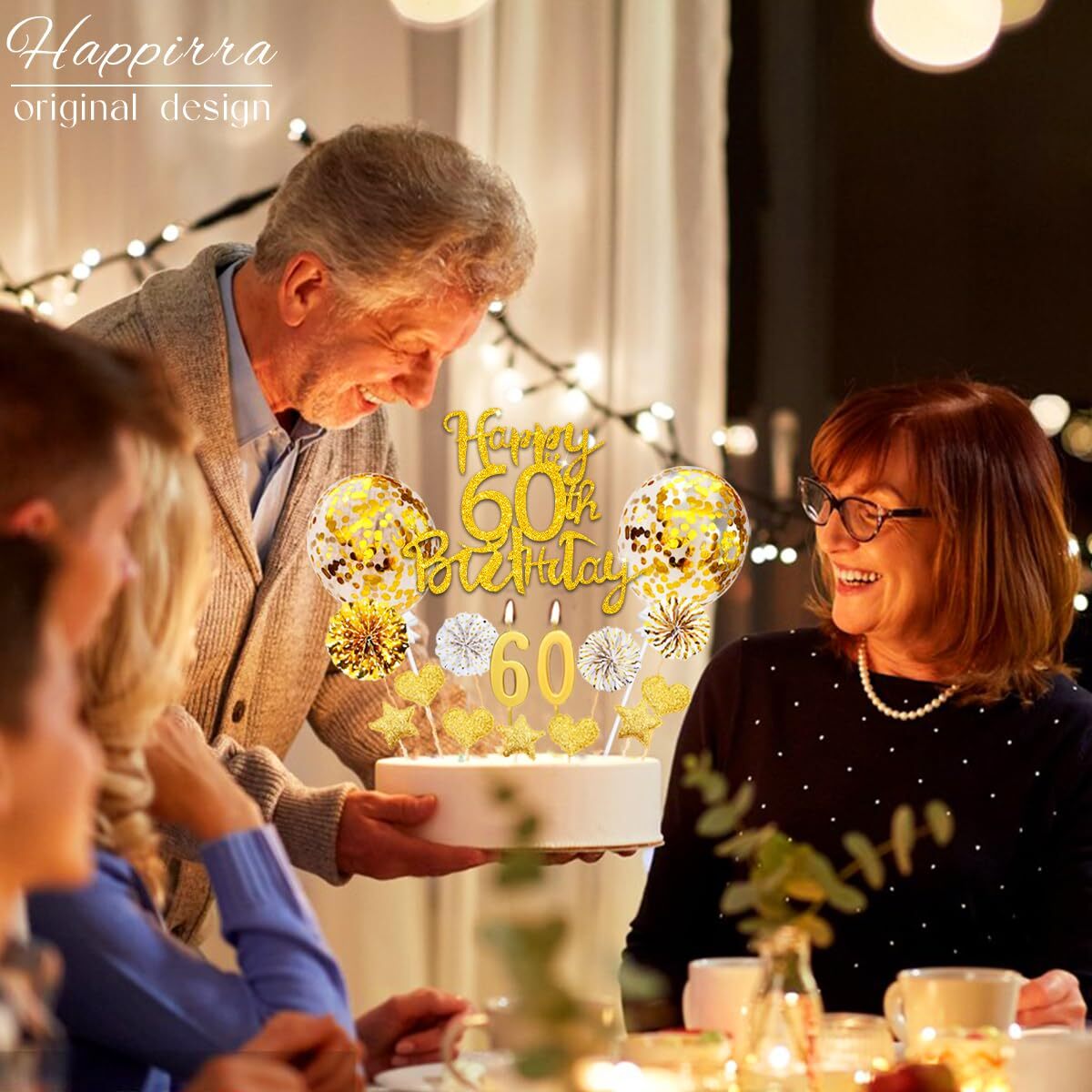 JeVenis Goldener Torten-Topper-Set Für 60. Geburtstag – Inkl. \"Happy Birthday\", Zahl 60 & Goldkugeln