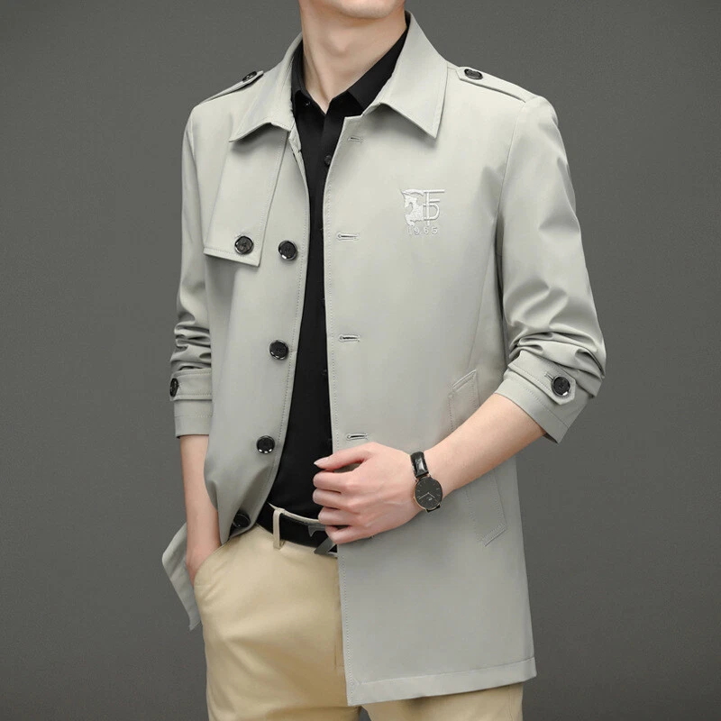 Men's Business Casual Lapel Collar Trench Coats Embroidered